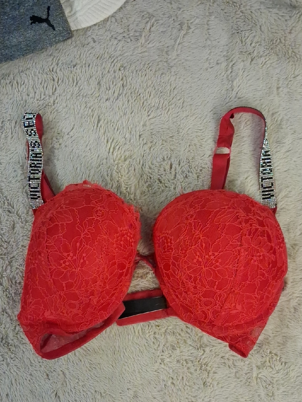 Victoria's Secret Red Lace Push-Up Bra with Embellished Sparkle Straps